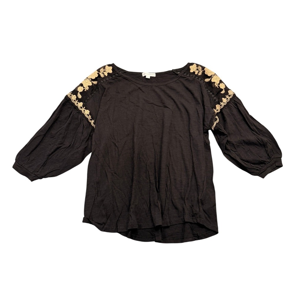 Coco + Jaimeson Embroidered Blouse Womens L Black Floral Crochet Lace Sleeve Top